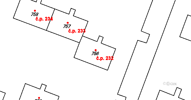 Výškovice 232, Ostrava na parcele st. 756 v KÚ Výškovice u Ostravy, Katastrální mapa