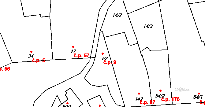 Prštné 9, Zlín na parcele st. 52 v KÚ Prštné, Katastrální mapa