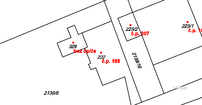 Klokočov 188, Vítkov na parcele st. 222 v KÚ Klokočov u Vítkova, Katastrální mapa