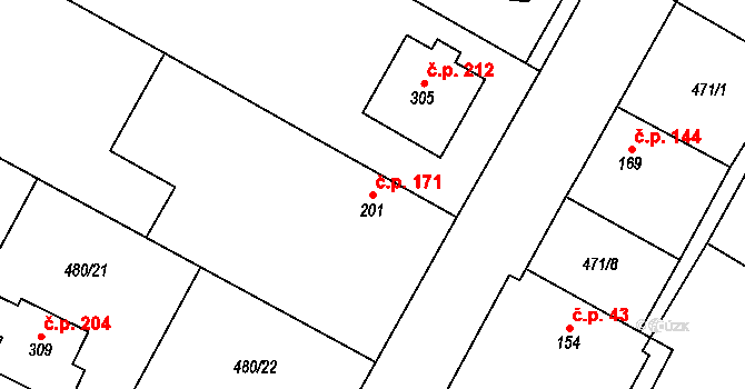 Chroustovice 171 na parcele st. 201 v KÚ Chroustovice, Katastrální mapa