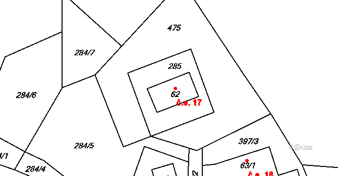Potůčník 17, Hanušovice na parcele st. 62 v KÚ Potůčník, Katastrální mapa