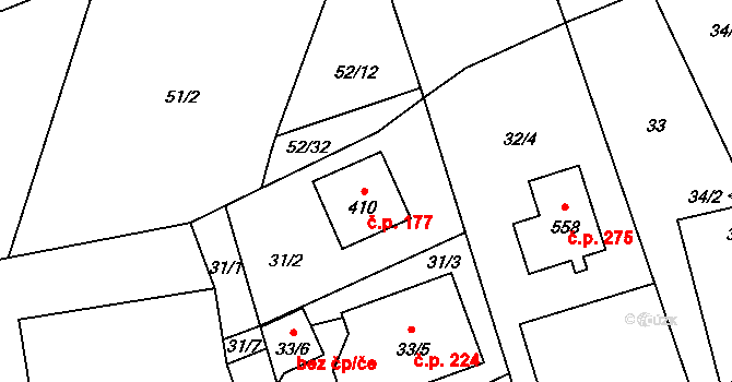Jíloviště 177 na parcele st. 410 v KÚ Jíloviště, Katastrální mapa
