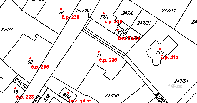 Tuchoměřice 236 na parcele st. 71 v KÚ Kněžívka, Katastrální mapa