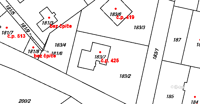 Zbůch 425 na parcele st. 183/7 v KÚ Zbůch, Katastrální mapa