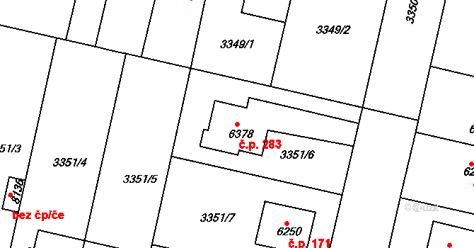 Zelené Předměstí 283, Pardubice na parcele st. 6378 v KÚ Pardubice, Katastrální mapa