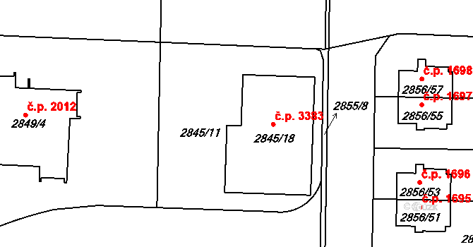 Strašnice 3383, Praha na parcele st. 2845/18 v KÚ Strašnice, Katastrální mapa