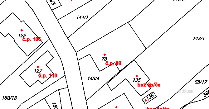 Kuničky 86 na parcele st. 78 v KÚ Kuničky, Katastrální mapa