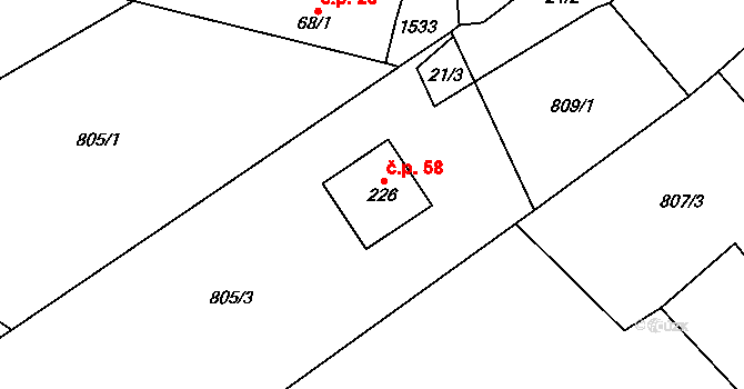 Přísečná 58 na parcele st. 226 v KÚ Přísečná, Katastrální mapa