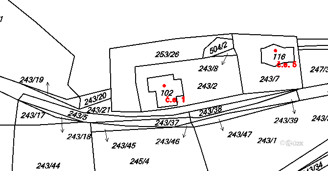 Kloušov 1, Merklín na parcele st. 102 v KÚ Kloušov, Katastrální mapa