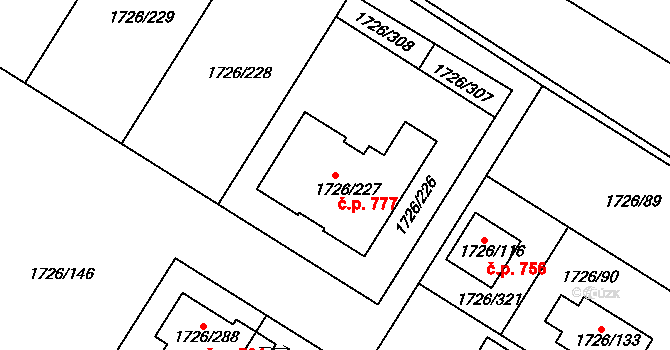 Hrušovany u Brna 777 na parcele st. 1726/227 v KÚ Hrušovany u Brna, Katastrální mapa