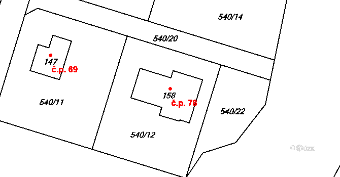 Zlatkov 78, Rožná na parcele st. 158 v KÚ Zlatkov, Katastrální mapa