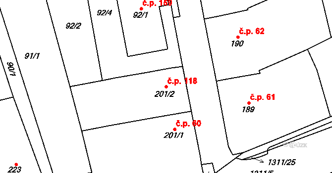 Přerov VIII-Henčlov 118, Přerov na parcele st. 201/2 v KÚ Henčlov, Katastrální mapa