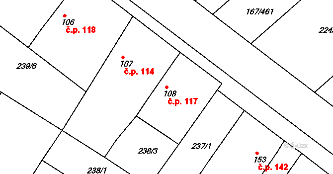 Kovanice 117 na parcele st. 108 v KÚ Kovanice, Katastrální mapa