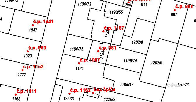 Nymburk 981 na parcele st. 1133/2 v KÚ Nymburk, Katastrální mapa