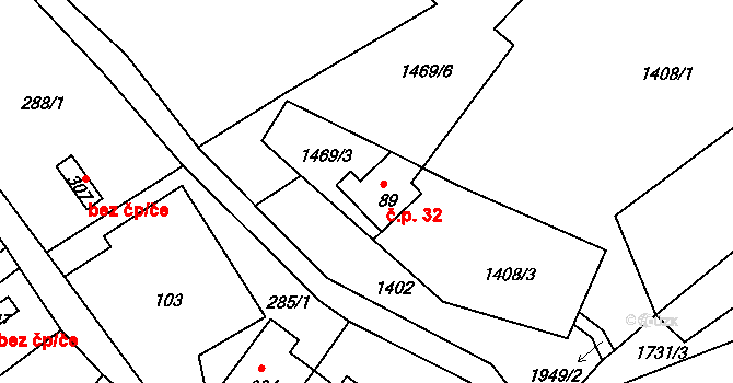 Mařenice 32 na parcele st. 89 v KÚ Mařenice, Katastrální mapa