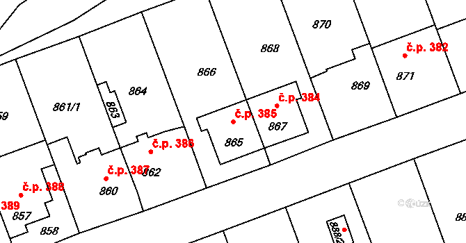 Telnice 385 na parcele st. 865 v KÚ Telnice u Brna, Katastrální mapa