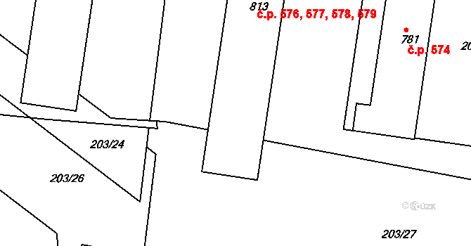 Smiřice 576,577,578,579 na parcele st. 813 v KÚ Smiřice, Katastrální mapa