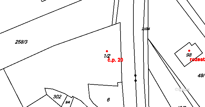 Hrabí 20, Bílá Lhota na parcele st. 1/2 v KÚ Hrabí, Katastrální mapa