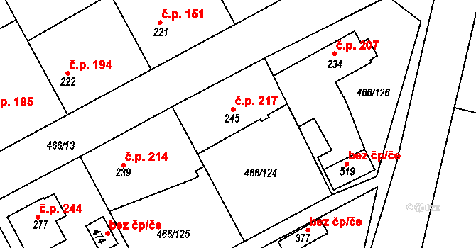 Broumy 217 na parcele st. 245 v KÚ Broumy, Katastrální mapa