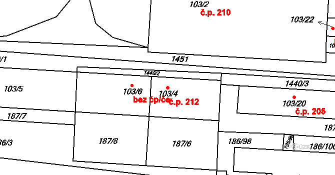 Mšené-lázně 212 na parcele st. 103/4 v KÚ Mšené-lázně, Katastrální mapa