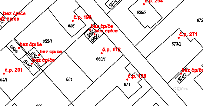 Strkov 172, Planá nad Lužnicí na parcele st. 660/1 v KÚ Planá nad Lužnicí, Katastrální mapa