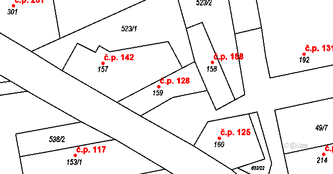 Dymokury 128 na parcele st. 159 v KÚ Dymokury, Katastrální mapa