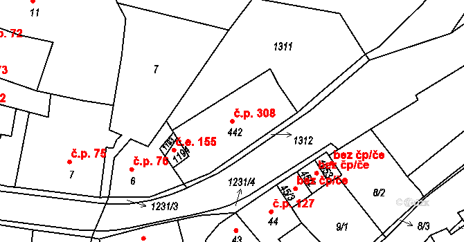 Benešov nad Ploučnicí 308 na parcele st. 442 v KÚ Benešov nad Ploučnicí, Katastrální mapa