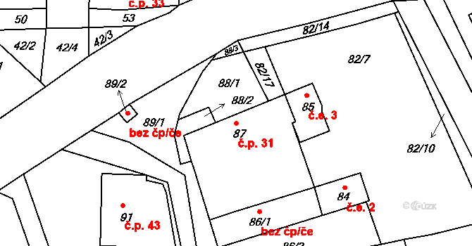 Tušť 31, Suchdol nad Lužnicí na parcele st. 87 v KÚ Tušť, Katastrální mapa