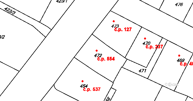 Podolí 554, Praha na parcele st. 472 v KÚ Podolí, Katastrální mapa