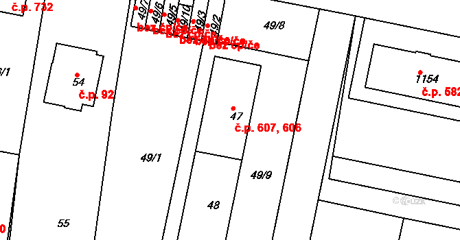 Čakovice 606,607, Praha na parcele st. 47 v KÚ Čakovice, Katastrální mapa