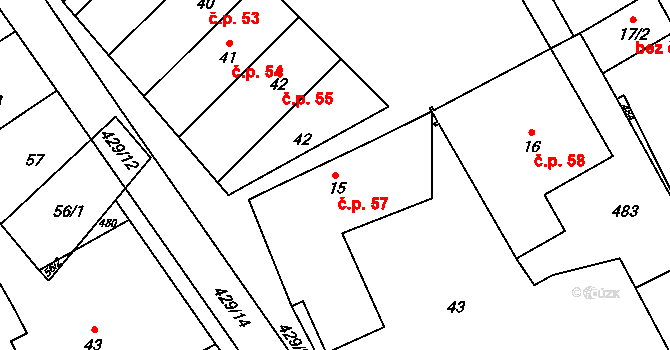 Žireč 57, Dvůr Králové nad Labem na parcele st. 15 v KÚ Žireč Městys, Katastrální mapa