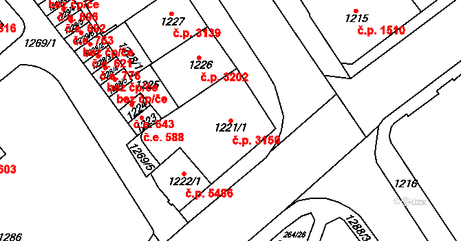 Chomutov 3150 na parcele st. 1221/1 v KÚ Chomutov I, Katastrální mapa