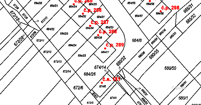 Rozdrojovice 289 na parcele st. 684/27 v KÚ Rozdrojovice, Katastrální mapa