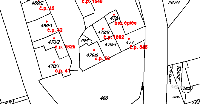 Šlapanice 52 na parcele st. 479/6 v KÚ Šlapanice u Brna, Katastrální mapa