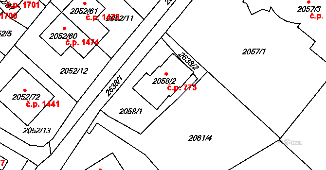 Radotín 773, Praha na parcele st. 2058/2 v KÚ Radotín, Katastrální mapa
