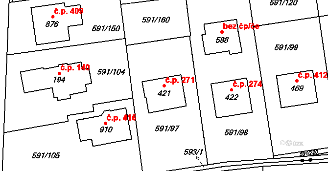 Mladcová 271, Zlín na parcele st. 421 v KÚ Mladcová, Katastrální mapa