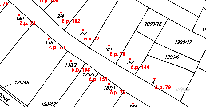 Drysice 78 na parcele st. 3/1 v KÚ Drysice, Katastrální mapa