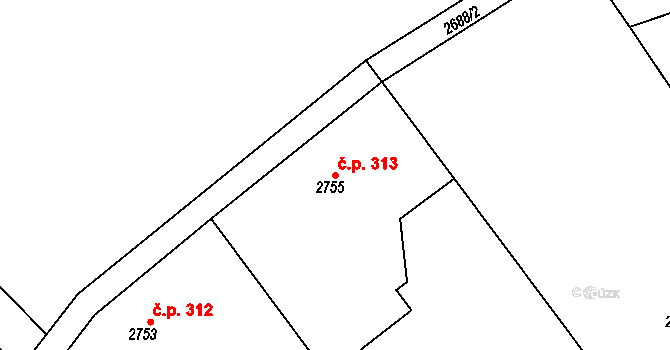 Buchlovice 313 na parcele st. 2755 v KÚ Buchlovice, Katastrální mapa