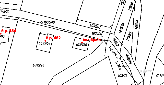 Zruč-Senec 49995090 na parcele st. 1035/66 v KÚ Senec u Plzně, Katastrální mapa
