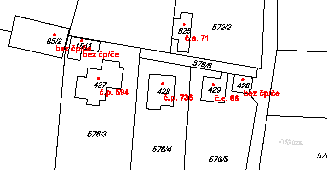 Třebeš 736, Hradec Králové na parcele st. 428 v KÚ Třebeš, Katastrální mapa