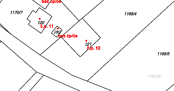 Medkovy Kopce 12, Raná na parcele st. 121 v KÚ Raná u Hlinska, Katastrální mapa