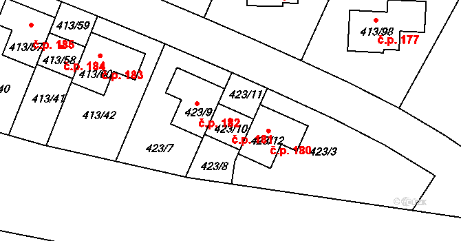 Lidice 181 na parcele st. 423/10 v KÚ Lidice, Katastrální mapa