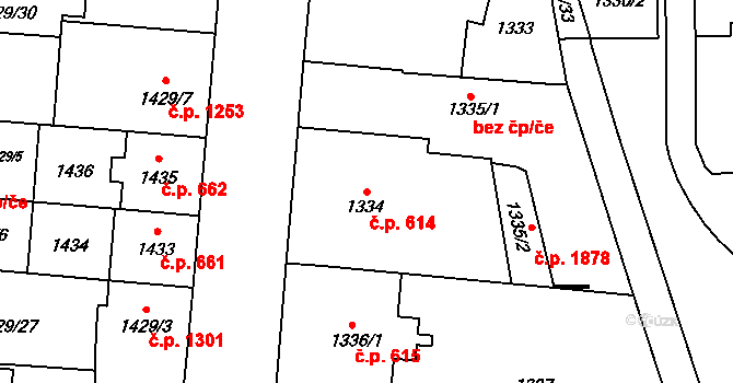 Český Těšín 614 na parcele st. 1334 v KÚ Český Těšín, Katastrální mapa