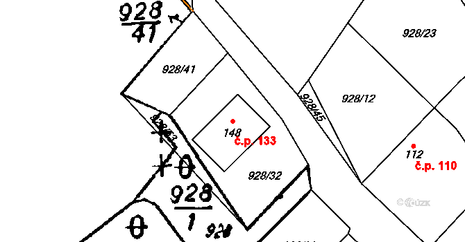 Honezovice 133 na parcele st. 148 v KÚ Honezovice, Katastrální mapa