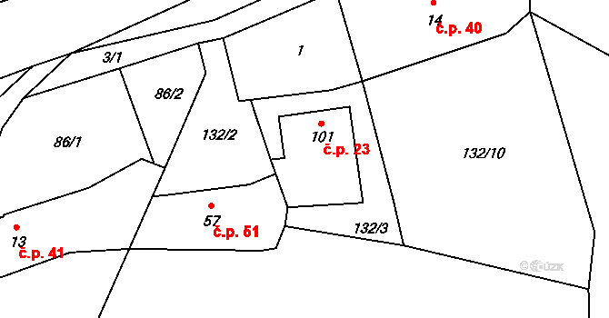 Hynčice 23 na parcele st. 101 v KÚ Hynčice u Broumova, Katastrální mapa