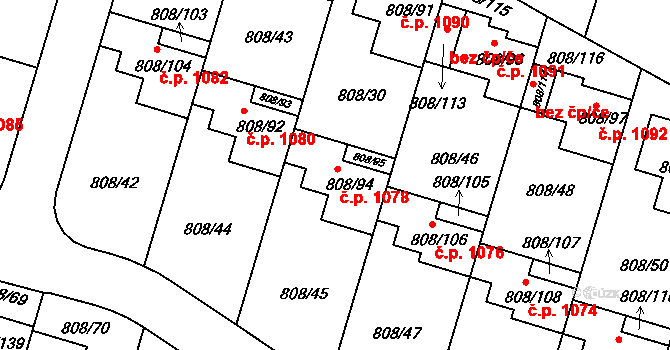 Srubec 1078 na parcele st. 808/94 v KÚ Srubec, Katastrální mapa