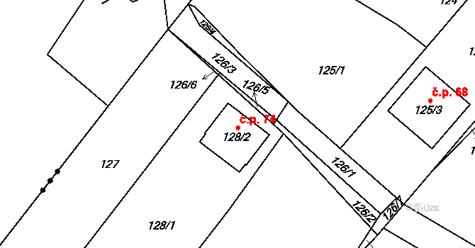 Skuhrov 74, Velký Borek na parcele st. 128/2 v KÚ Skuhrov u Mělníka, Katastrální mapa