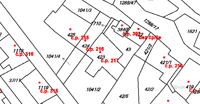 Plešivec 217, Český Krumlov na parcele st. 423 v KÚ Český Krumlov, Katastrální mapa