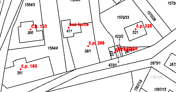 Štoky 258 na parcele st. 38/1 v KÚ Štoky, Katastrální mapa