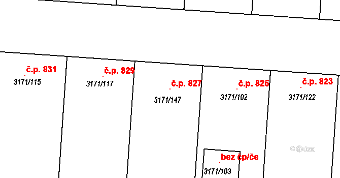 Prušánky 827 na parcele st. 3171/147 v KÚ Prušánky, Katastrální mapa